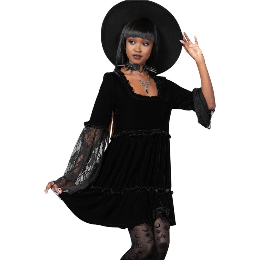 Killstar Prudence Black Velvet Goth Lace Bell Sleeves Oversized Dress XL NWT